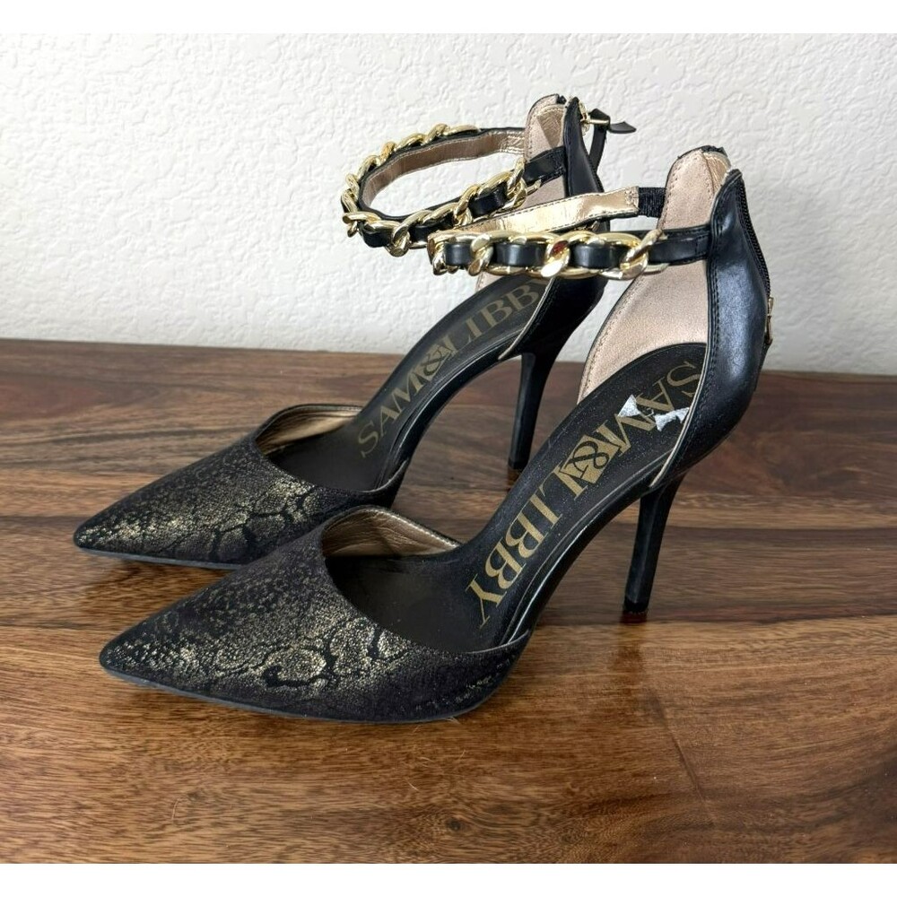 Sam & Libby Dylan Snake Print High Heels Size 8 Black Gold Metallic Chain Link
